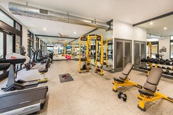 Multi-room fitness center with yoga studio, trx, free weights, and cardio machines